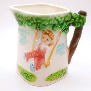 Vintage Ceramic Creamer Pitcher Girl Swing Design 3.5" Tall Tree Branch Handle